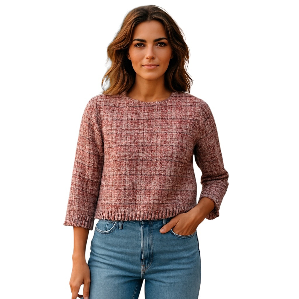 Zara Pink Tweed Crop Top Women's Large Fringe NWOT
